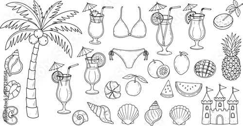 Tropical Summer Coloring Page with Palm Tree, Cocktails, and Beach Items