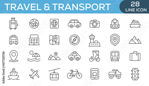 Travel and transport icon set. Travel, types of tourism, tourist transport, navigation, gps, location, route. Linear icon collection. Editable stroke. 
