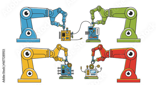 Colorful robotic arms assembling electronics concept illustration technology process