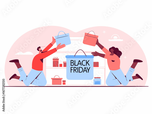 Enthusiastic shoppers celebrating Black Friday with bags and gifts showcasing the excitement of the shopping event