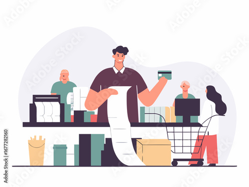 Customer Paying at Checkout with Credit Card and Long Receipt in a Supermarket or Store