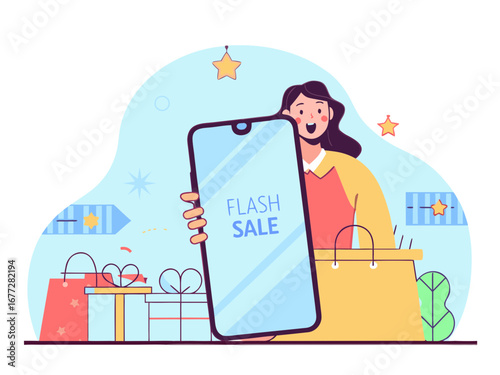 Excited Woman Holding Phone Displaying Flash Sale with Gifts and Shopping Bags Around Her woman