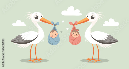 Cute storks with newborn babies in their beaks. Illustration