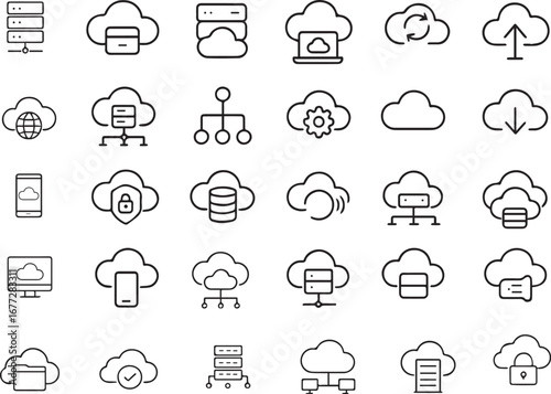 Cloud Services Line Icon Set, Editable Vector Icons for Cloud Computing, Storage, Hosting, SaaS, Network, Backup