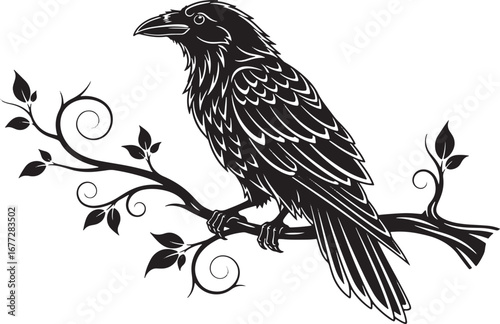 A striking black and white illustration of a raven perched on a stylized branch with delicate swirling vines and leaves