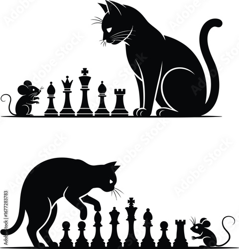 Vector Black silhouette of cat and mouse playing chess on white background top and bottom views game