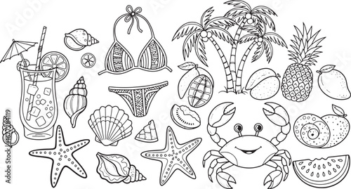 Summer Beach Coloring Page Tropical Fruits, Seashells & Bikini