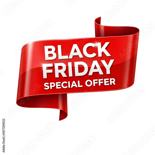 Red ribbon banner with black friday special offer text for advertising or marketing on transparent background