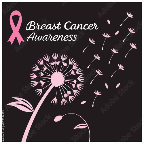 Breast Cancer Awareness image featuring a pink ribbon, dandelion, and flying seeds on a black background.