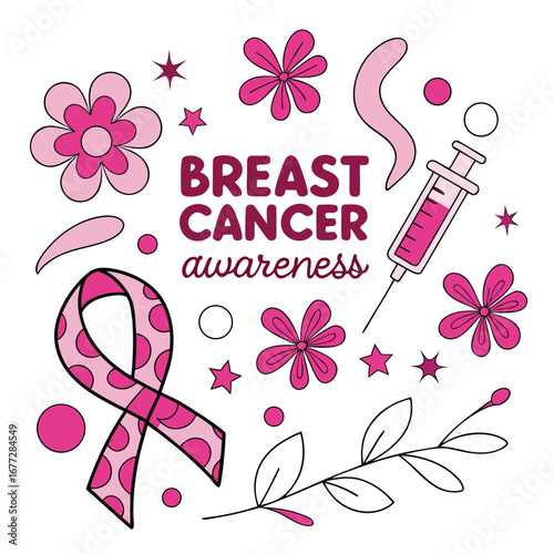 Breast cancer awareness illustration with ribbon, flowers, and syringe.