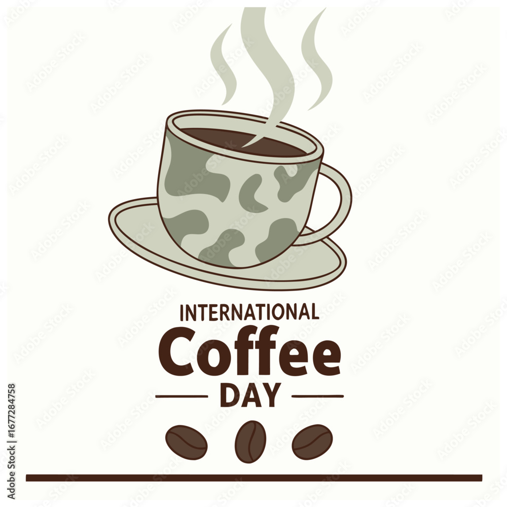 Obraz premium Illustration of a coffee cup with steam, saucer, and coffee beans, celebrating International Coffee Day.