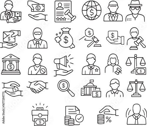 Corruption Line Icon Set, Editable Vector Icons for Bribe, Crime, Fraud, Money Laundering, Unethical Behavior