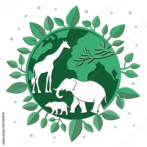 Paper-cut style illustration of a green Earth with silhouettes of a giraffe, elephant, and bear, surrounded by leaves, symbolizing wildlife conservation.