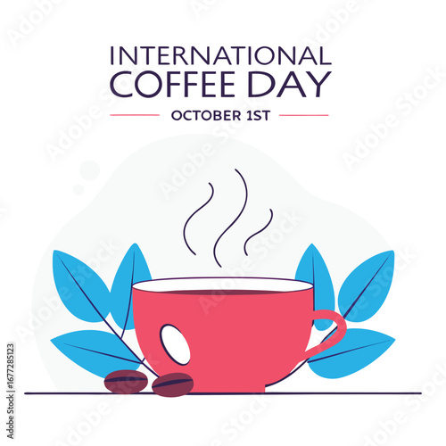 Illustration for International Coffee Day, featuring a red cup with steam and coffee beans.