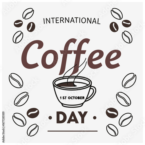 International Coffee Day graphic design, featuring a coffee cup and beans.