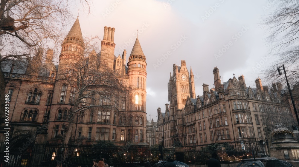 Obraz premium Historic castle architecture in manchester england evening light urban landscape captivating viewpoint