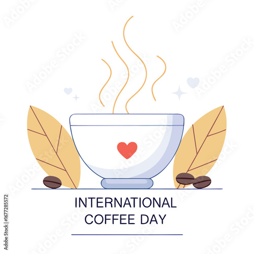An illustration celebrating International Coffee Day with a steaming cup of coffee, a heart, leaves, and beans.