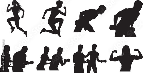 Fitness exercise workout training silhouette gym health sport running jumping weights