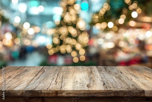 Wooden tabletop with blurred Christmas market background