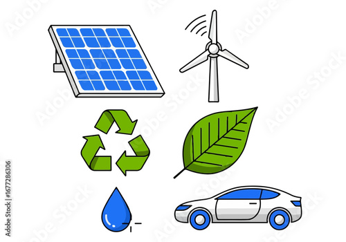 Eco-friendly renewable energy icons solar wind leaf recycling water car vector illustration