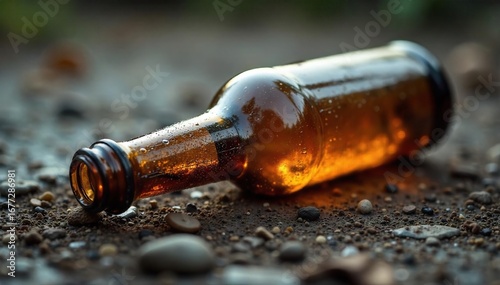 Close-up of a discarded beer bottle, symbolizing the destructive nature of alcoholism; empty, broken, and lying on a gritty surface , habit, unhealthy lifestyle, recovery