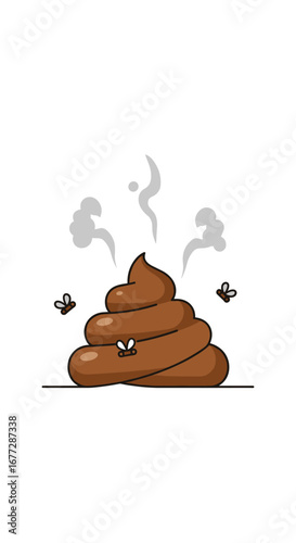 Humorous cartoon illustration of steaming poop with flies flying around it on a white background