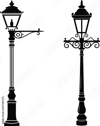Two vector black silhouettes of vintage street lamps on white background lamp post lamppost