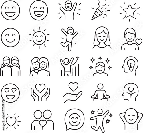 Happiness Line Icon Set, Editable Vector Icons for Joy, Smile, Celebration, Positivity, Fun, Emotion, Wellbeing