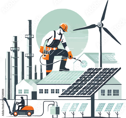 Worker Installing Solar Panels on Factory Roof Wind Turbine Industrial Scene