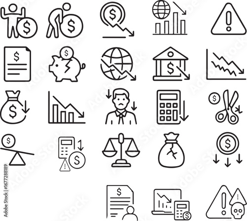 Financial Crisis Line Icon Set, Editable Vector Icons for Bankruptcy, Debt, Downturn, Decrease, Money, Risk