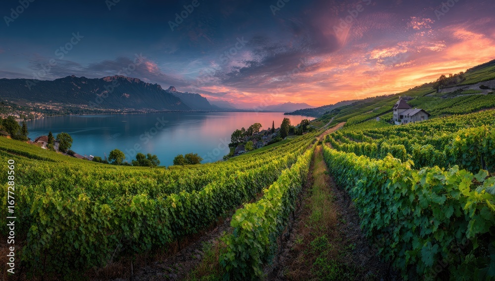 Naklejka premium Vineyard Landscape at Sunset with Lake and Mountains.