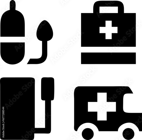 Medical set, ambulance and equipment, healthcare icons perfect for medical and emergency services design