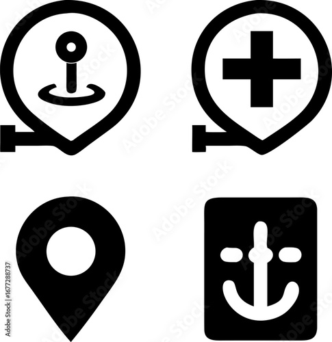Navigation icons for map location, medical, travel destinations and happy places on a creative journey