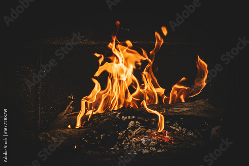 Bright orange flames rising from a wood vine barbecue fire, glowing and crackling with natural warmth