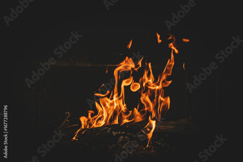 Bright orange flames rising from a wood vine barbecue fire, glowing and crackling with natural warmth