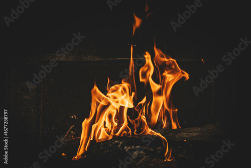 Bright orange flames rising from a wood vine barbecue fire, glowing and crackling with natural warmth