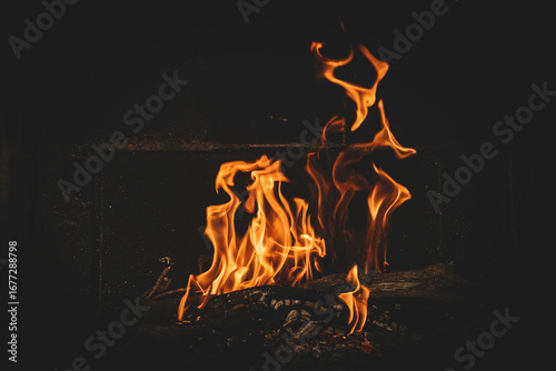 Bright orange flames rising from a wood vine barbecue fire, glowing and crackling with natural warmth