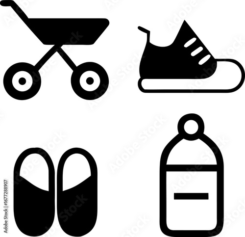 Essential baby gear icons: Stroller, sneaker, slippers, bottle for new parents and caregivers
