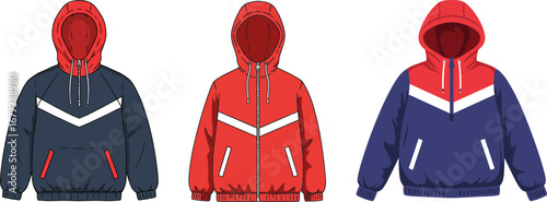 Three colorful hooded jackets in sporty design and various colors  