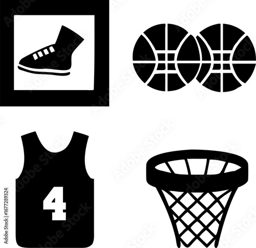 Basketball passion elements include shoes, balls, jersey, and net for sports design projects