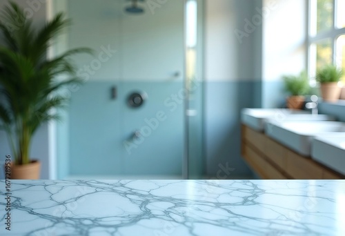 Empty marble table top on blurred minimalistic luxury bathroom at apartment, white day light, clean cozy colors. Place for product display, showing products, side view