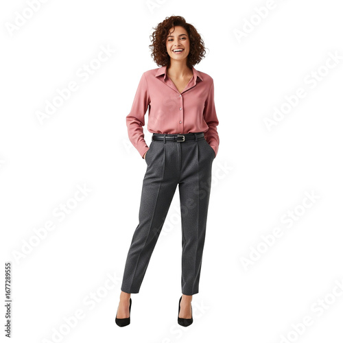 Businesswoman, pink shirt, full body shot on transparent background