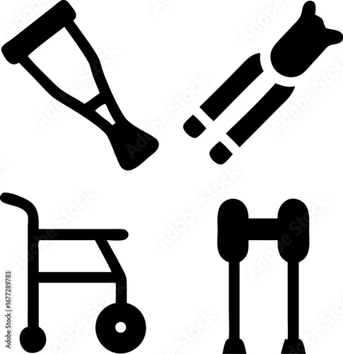 Essential mobility aids including crutches, walker, and canes for recovery and support