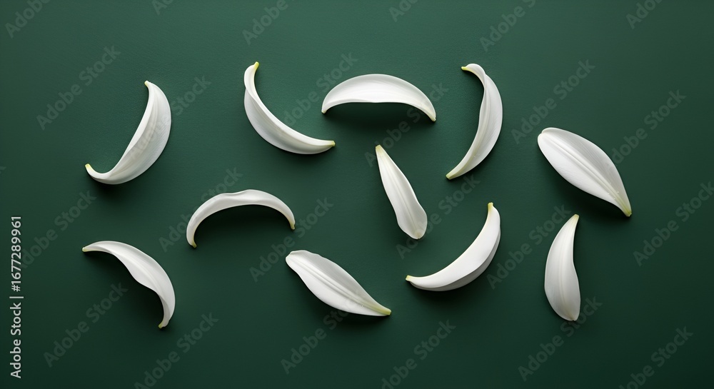 Obraz premium Elegant white flower petals scattered on a rich green background, perfect for nature-inspired designs, floral art, and serene minimalist decor.