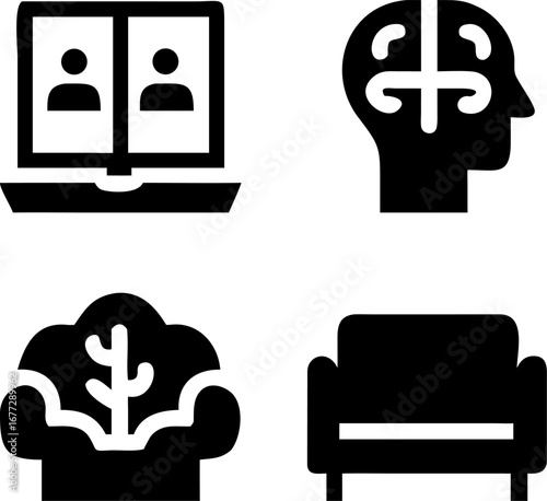 Four icons representing business, mental health, and home comfort, perfect for modern concepts.