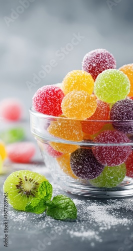 A glass bowl overflows with colorful, sugar-coated gummy candies; a few candies and a kiwi slice sit beside it, dusted with sugar on a gray surface
