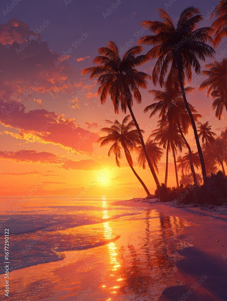 Obraz premium tropical paradise with palm trees silhouetted against a vibrant sunset on a sandy beach vacation dreams