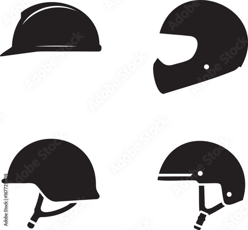 Set of Helmet Silhouettes in 2x2 Grid – Vector Icons of Safety, Motorcycle, Bicycle, and Sports Helmets on White Background