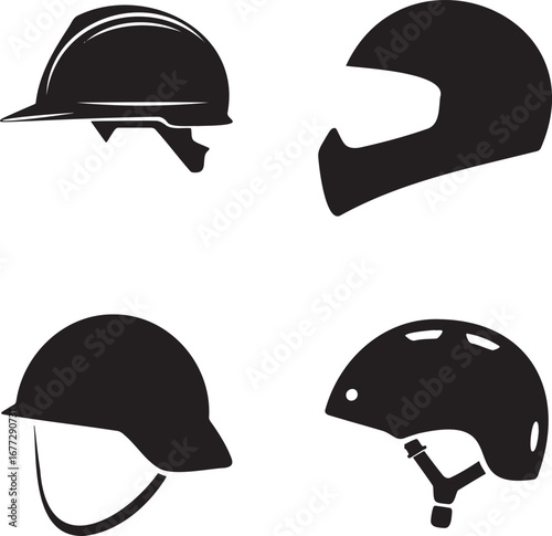 Set of Helmet Silhouettes in 2x2 Grid – Vector Icons of Safety, Motorcycle, Bicycle, and Sports Helmets on White Background