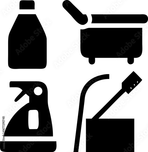 Cleaning supplies icons, including spray bottle, container, bottle and brush for chores and household work